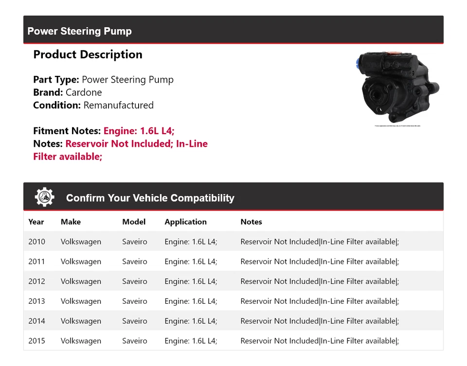Bomba de dirección asistida Cardone 2011 2012 para Volkswagen Saveiro 2010-2015 1,6 L L4 Foto 2 de 4