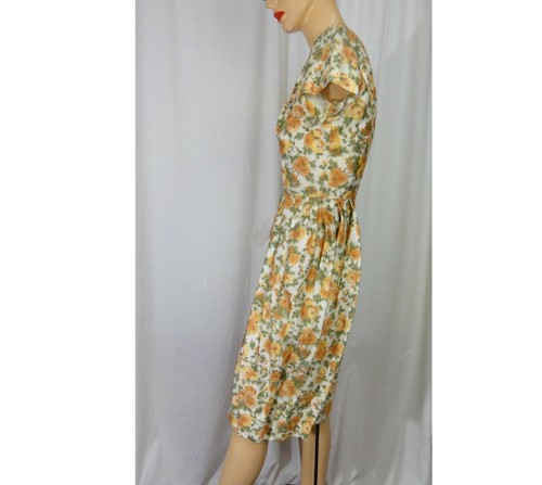 Vintage 1960s Dress Silk Bubble Skirt Gold and Green Floral Rose Print Deadstock - Picture 4 of 10
