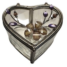 Stained Glass Heart-shaped Trinket Box W/ Butterfly Flowers Hinged Jeweled Lid
