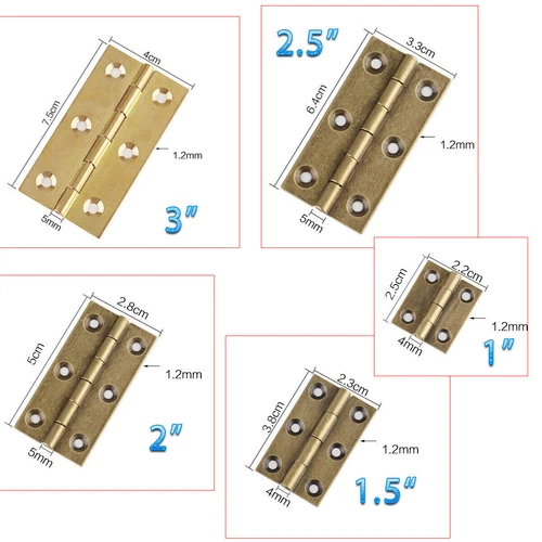 Antique Brass Doors Butt Hinges 1" 1.5" 2" 2.5" 3" Jewelry Box Gate Retro Screws - Picture 2 of 6