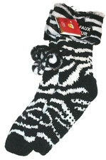 Joe Boxer Women's Zebra Print Faux Fur Slipper Socks w/ Grippers Size 4/10