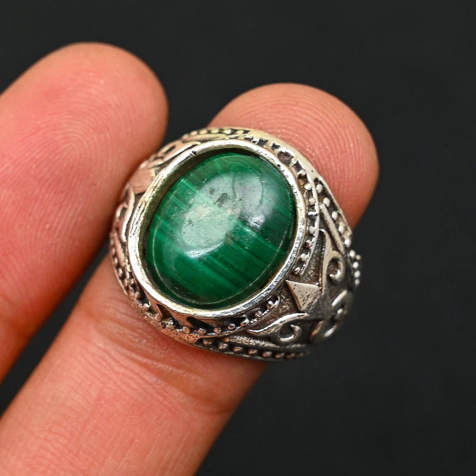 Malachite Men's Ring 925 Sterling Silver Handmade-Statement Ring All Size-BJ187 - Image 2 of 3