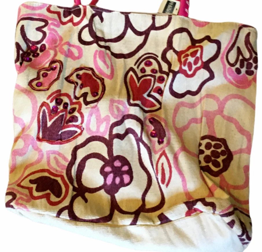 Bolso de Playa Vintage Bijoux Terner Grande Crema Rosa Caliente Lona Con Cuentas Forrado Foto 3 de 4