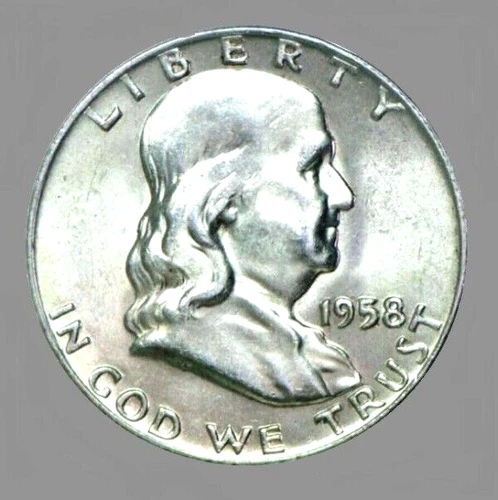 1958-D  FRANKLIN SILVER 50c  HALF DOLLAR DENVER MINT 90%  SILVER COIN - AU/UNC