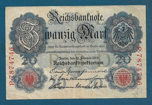20 Mark 1914. Reichsbanknote, Serbisch Ungarisch Baranya Baja Republik - Stempel! - Bild 2 von 2
