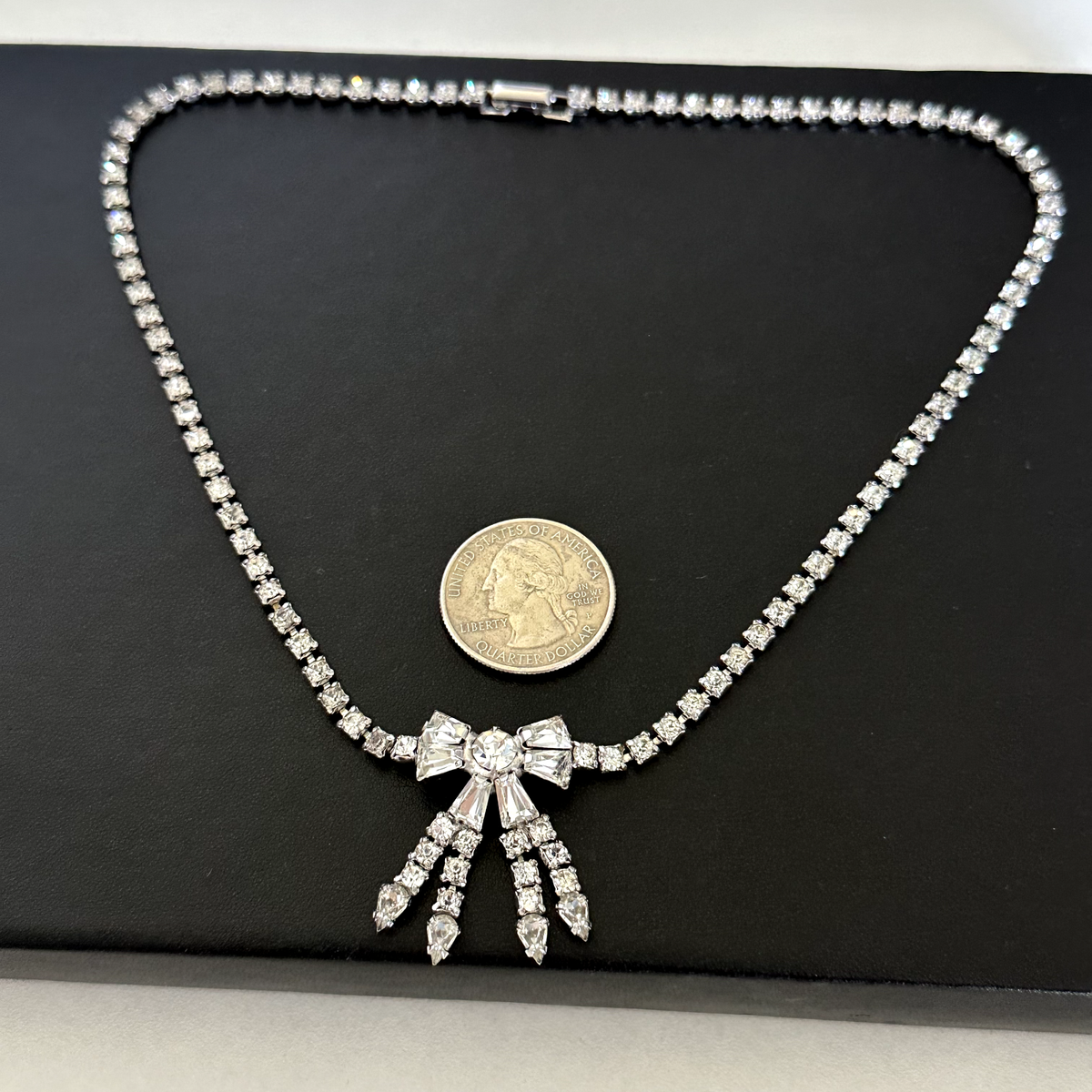 Vintage Parco Designer Clear Ice Rhinestone Silver Tone Bow