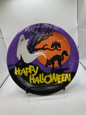 Vtg 1991 Happy Halloween 10.5'' Dinner Plates 8-Pack with Ghost Cat Tree Owl