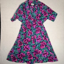 Vintage Leslie Fay Size L/XL Floral Semi Sheer Fit N Flare 50s Style ALine Dress