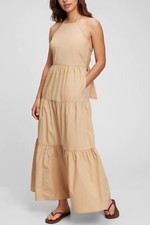Gap Dress Women Khaki Tiered Tie Back Maxi Preppy Cotton Boho Vacay Sz 8 NWT