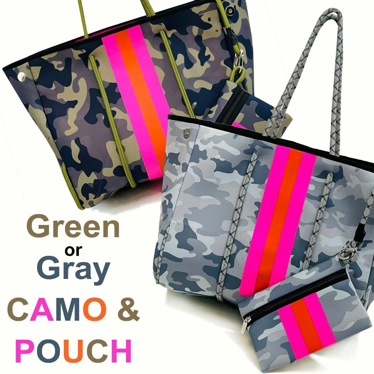 Neoprene Camo Tote Bag Purse Pink Orange Stripe in Gray or Green for Beach Gym