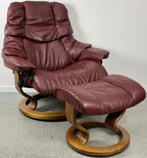Ekornes Stressless Large RENO Wine Red Leather Swivel Recliner Chair & Ottoman