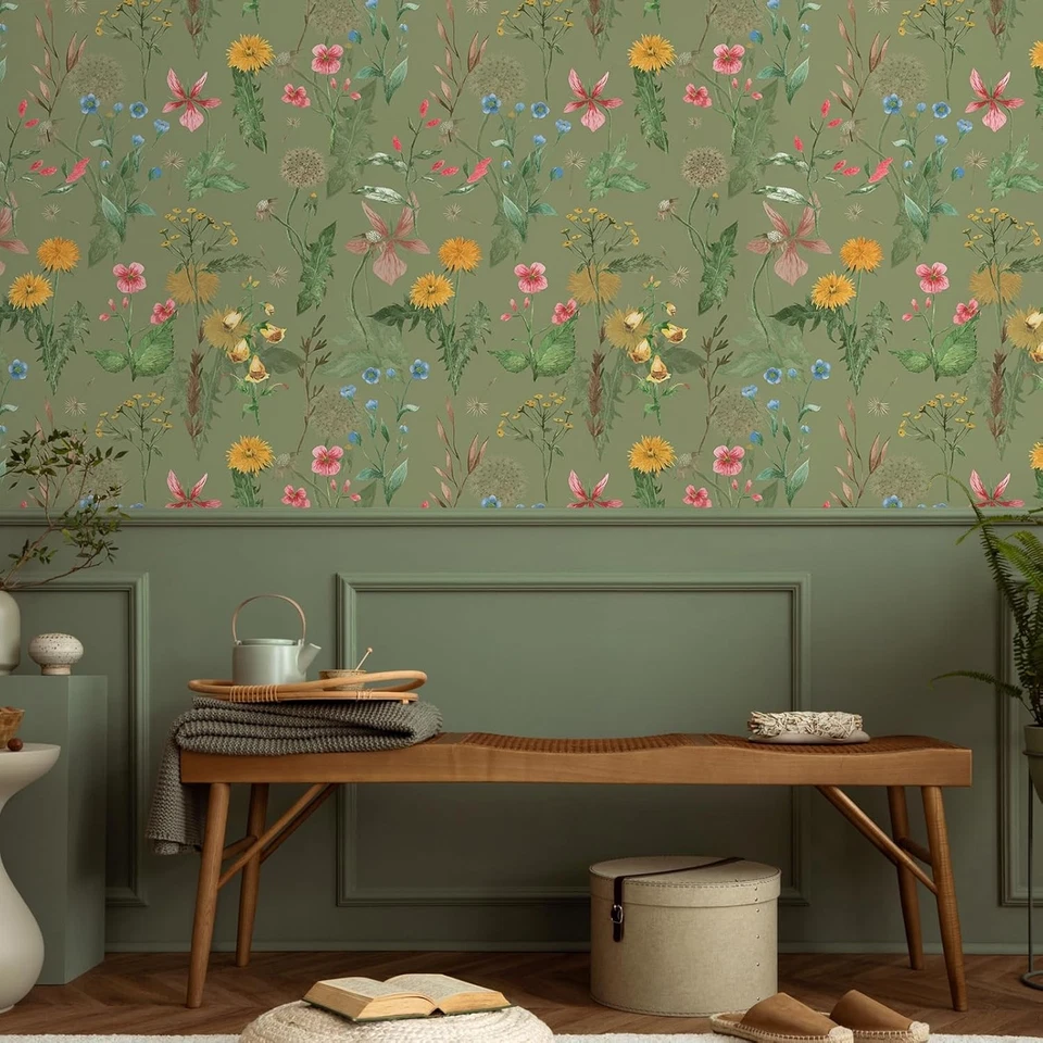 Papel Pintado Flor Salvaje VEELIKE Pelar y Pegar Vintage 17,7 x 118", Verde Foto 4 de 4