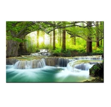 Green Waterfall Forest Nature Landscape Canvas Wall Art Picture Print Painting