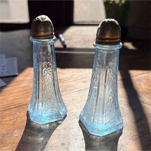 Mayfair Open Rose Blue Depression Glass Salt and Pepper Shakers