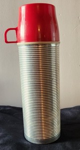 Vintage Thermos Ribbed Aluminum Red Top Vacuum Bottle Model # 2484 - Quart Size