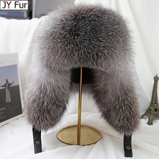Real Silver Fox Farm Fur Bomber Hat Ushanka Man Ski Hats Caps Real Leather T5