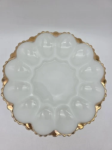 Vtg Anchor Hocking Milk Glass Deviled Egg Plate with 22 K Gold Trim HON Display