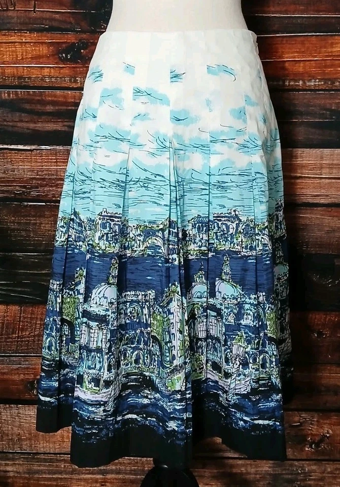 Talbots Pleated Midi Skirt Size 2 A-Line 100% Cotton Lined Venice Seascape Motif - Image 3 of 4