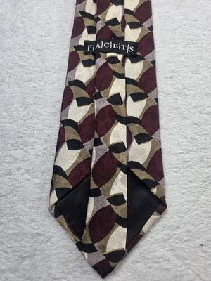 Vintage Facets Necktie 90s Abstract Geometric Silk Burgundy & olive MCM pattern