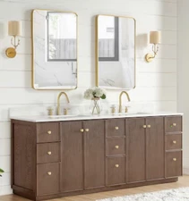 84" Oza Bath Vanity in Aged Dark Brown Oak with Fish Maw White Quartz Stone Top