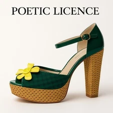 Poetic License Quirky Green Yellow Flower Peep Toe Platform Heels Women’s 8.5M R