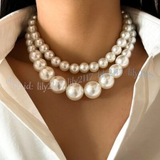 2 Strands 8-16mm White Shell Pearl Imitation Pearl Round Beads Necklace 17-18''