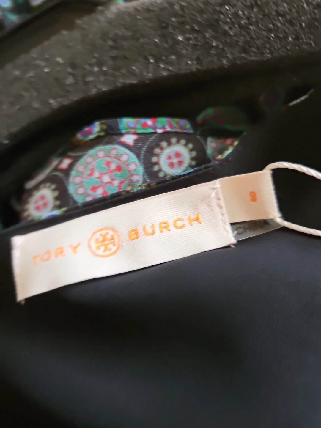 Abito Tory Burch arricciato midi avvolgente nero medaglione batik taglia 8 #D5029