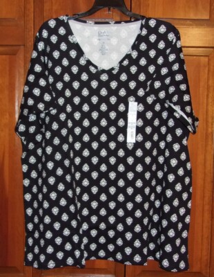 Croft & Barrow Short Sleeve Knit Top  100% Cotton - Black / White Tulip - 3X NWT