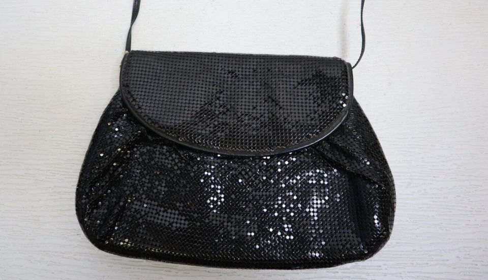 Whiting and Davis 复古网眼钱包黑色金属单肩包皮革表带 — 第 4/4 张图片