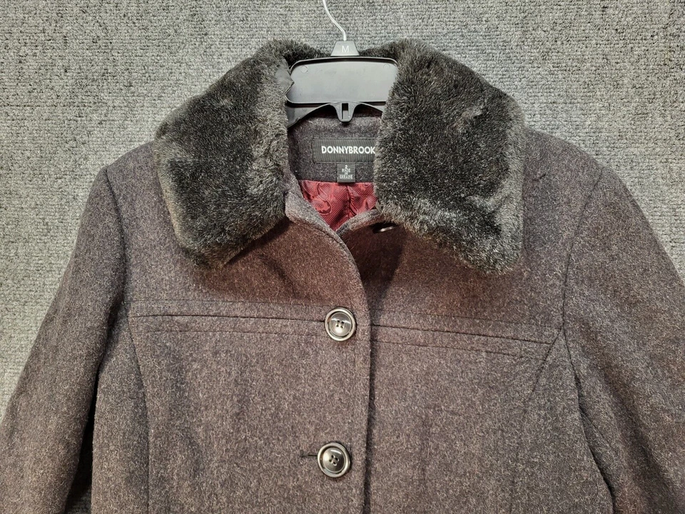 Abrigo de lana para mujer Donny Brook de colección talla 2 gris extraíble cuello de piel sintética abotonado Foto 2 de 4