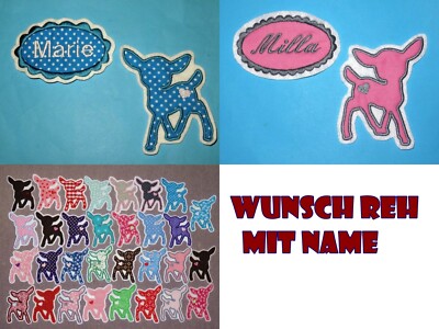 Reh mit Name Kitz Namensbutton Applikation Handmade Aufnäher Wunschfarbe