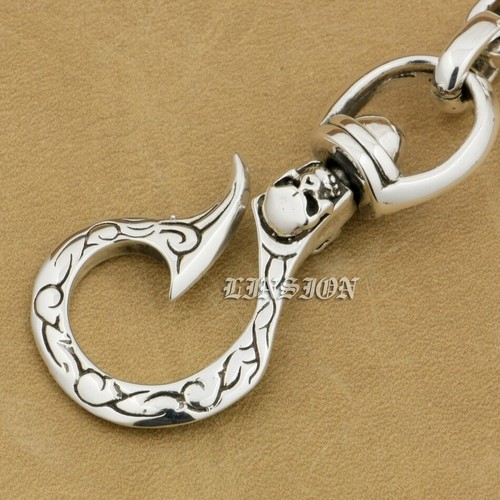 Skull Hook Belt Clip 925 Sterling Silver KeyRing Biker Punk Keychain 9T011A BZ - Picture 4 of 7