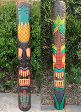 5 Foot Set of Hand Carved Wooden Tiki Totem Masks Tropical Bar Patio Decor 5'x7"