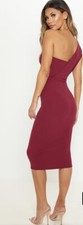 PrettyLittleThing Burgundy One Shoulder Draped Midi Dress Size 8