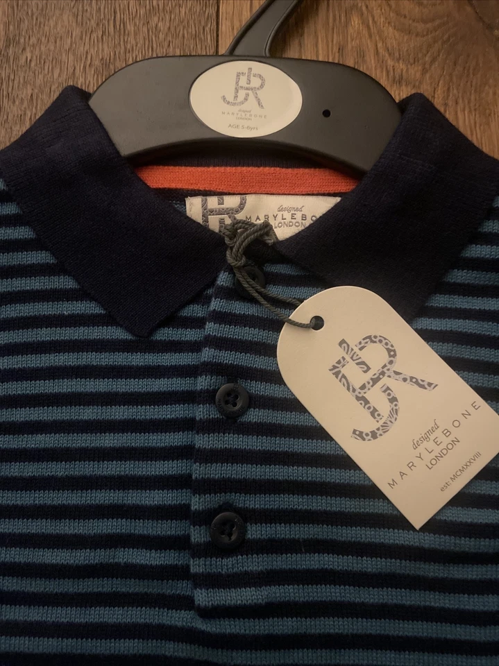 JRM Marineblau gestreiftes Poloshirt Langarm Poloshirts Oberteil für Jungen 5-6 Jahre. UVP 14£