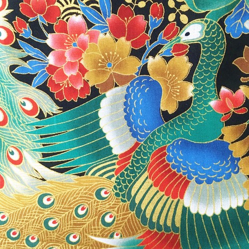 Japanese cotton fabric peacock metallic birds gold oriental 3 colour chinoiserie - Picture 11 of 44