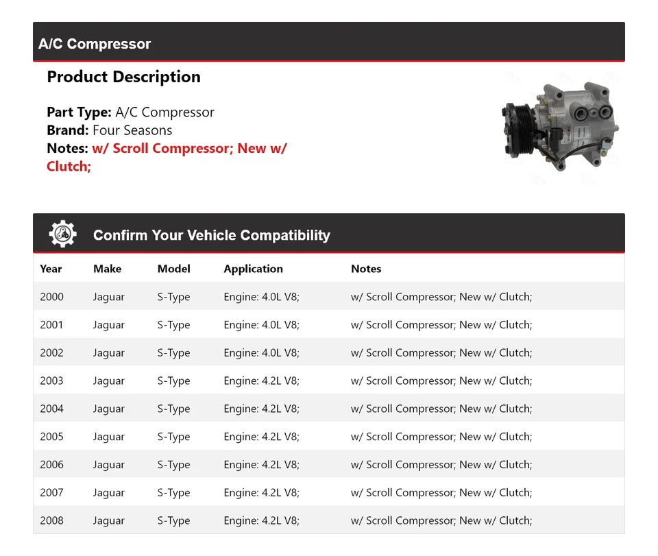 Compresor de aire acondicionado para Jaguar S-Type 2000-2008 4 estaciones 2001 2002 2003 2004 2005 Foto 2 de 4