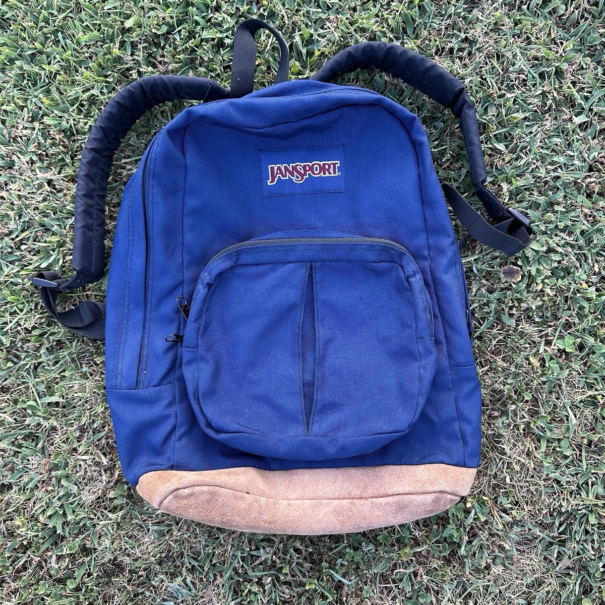 Vintage Jansport Backpack Navy Blue Leather Bottom Made In USA Large Pocket