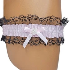 Satin Leg Garter Lace Ruffle Trim Mini Bow Faux Jewel Flower Accent Pink 3555