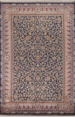 90% Silk Traditional Navy Blue Floral Tebriz Living Room Rug 7x10 Turkish Carpet