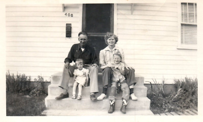 Family Sitting on Porch Boy Crying with Gun Pistol on Lap Weird Vintage Photo