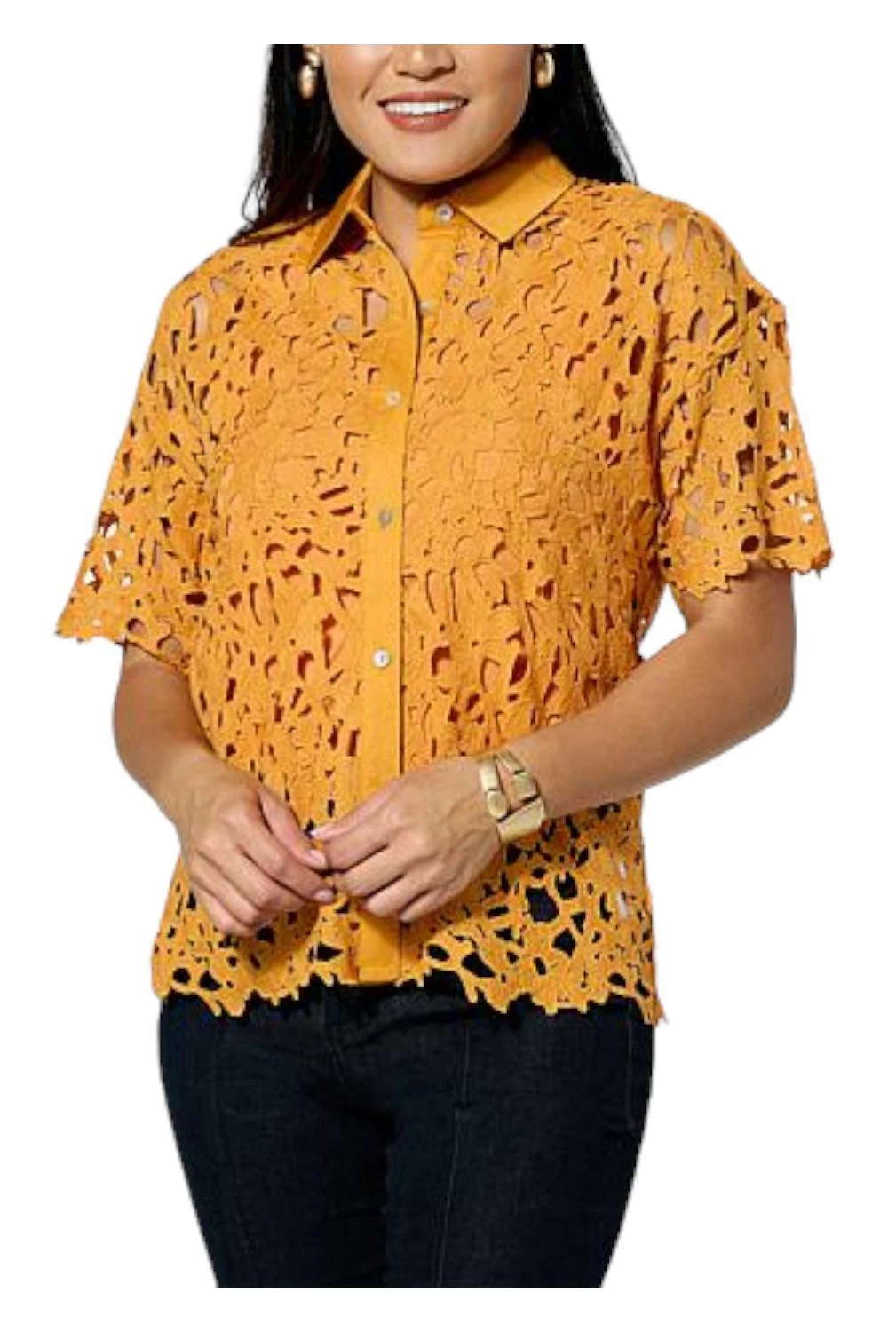 WynneCollection Abstract Floral Lace Top Marigold