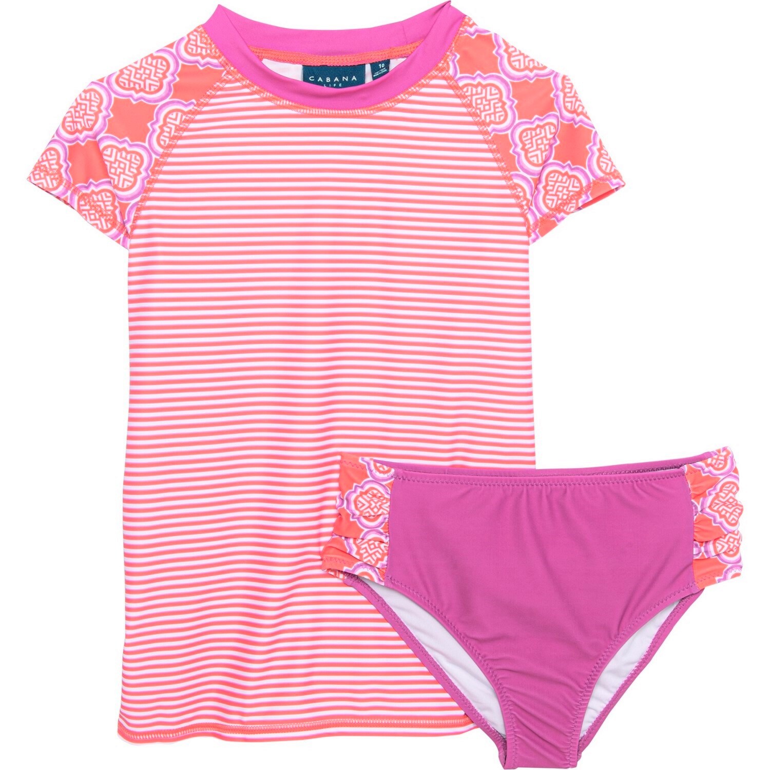 CABANA LIFE Girls 10, 12, 14 Coral Geo Rashguard Swim Set UPF 50