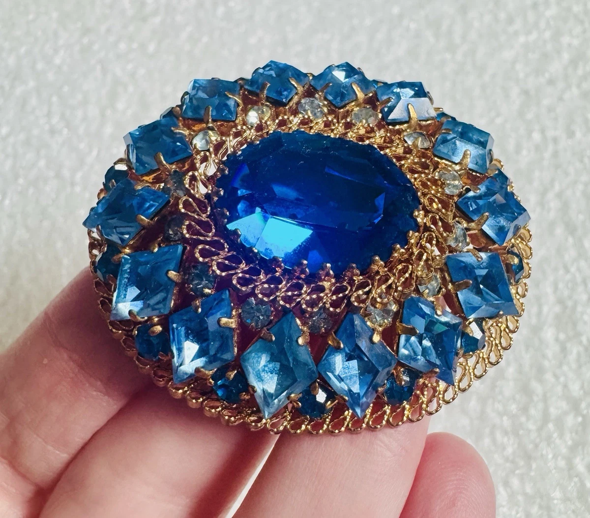 Broche Vintage Strass Signée AF PARIS - Bijou Fantaisie Costume Jewelry, Occasion