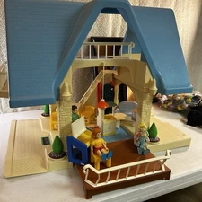 Vintage 1989 Little Tikes Blue Roof Doll House Toy W/ Furniture & People