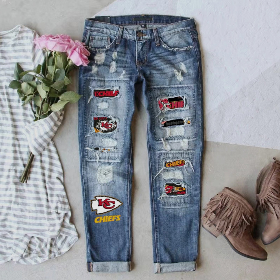Kansas City Chiefs Womens Distressed Patch Jeans Denim Boyfriend Cuffed Game Day