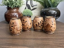 Set of 4 Vintage 1970  s Boho Hand Carved and Painted Floral Pattern Wooden Cups