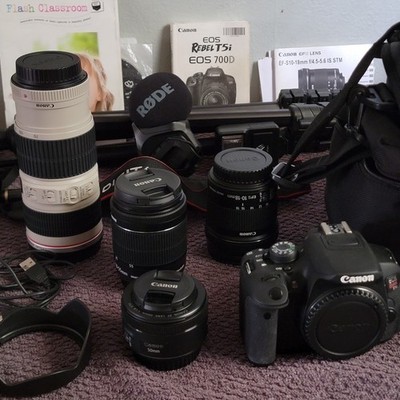Canon DSLR Rebel T5i 700D EOS Camera Kit $1500 In Extra Lenses Rode Xt Mic More