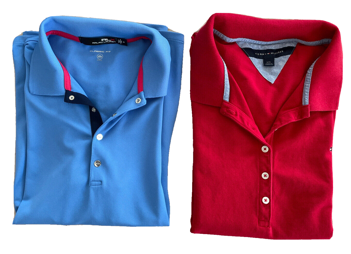 2 Womens Polo Golf Shirts: Ralph Lauren RLX sz M Blue & Tommy