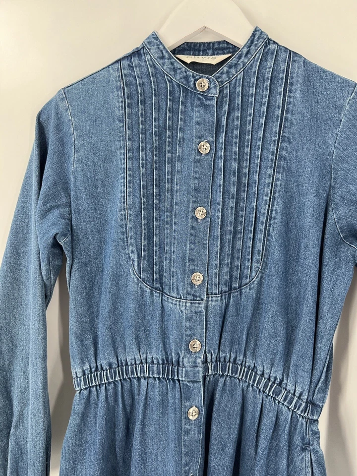 Vestido Camisa Orvis Mujer 4 Petite Azul Denim Maxi Mangas Largas Plisado Botón Foto 3 de 4